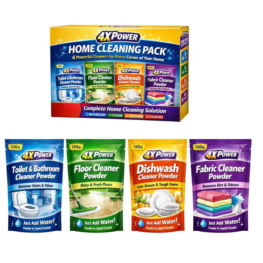 4X Power Home Cleaning Pack - Toilet & bathroom, Floor, Dishwash, Fabric cleaner Powder