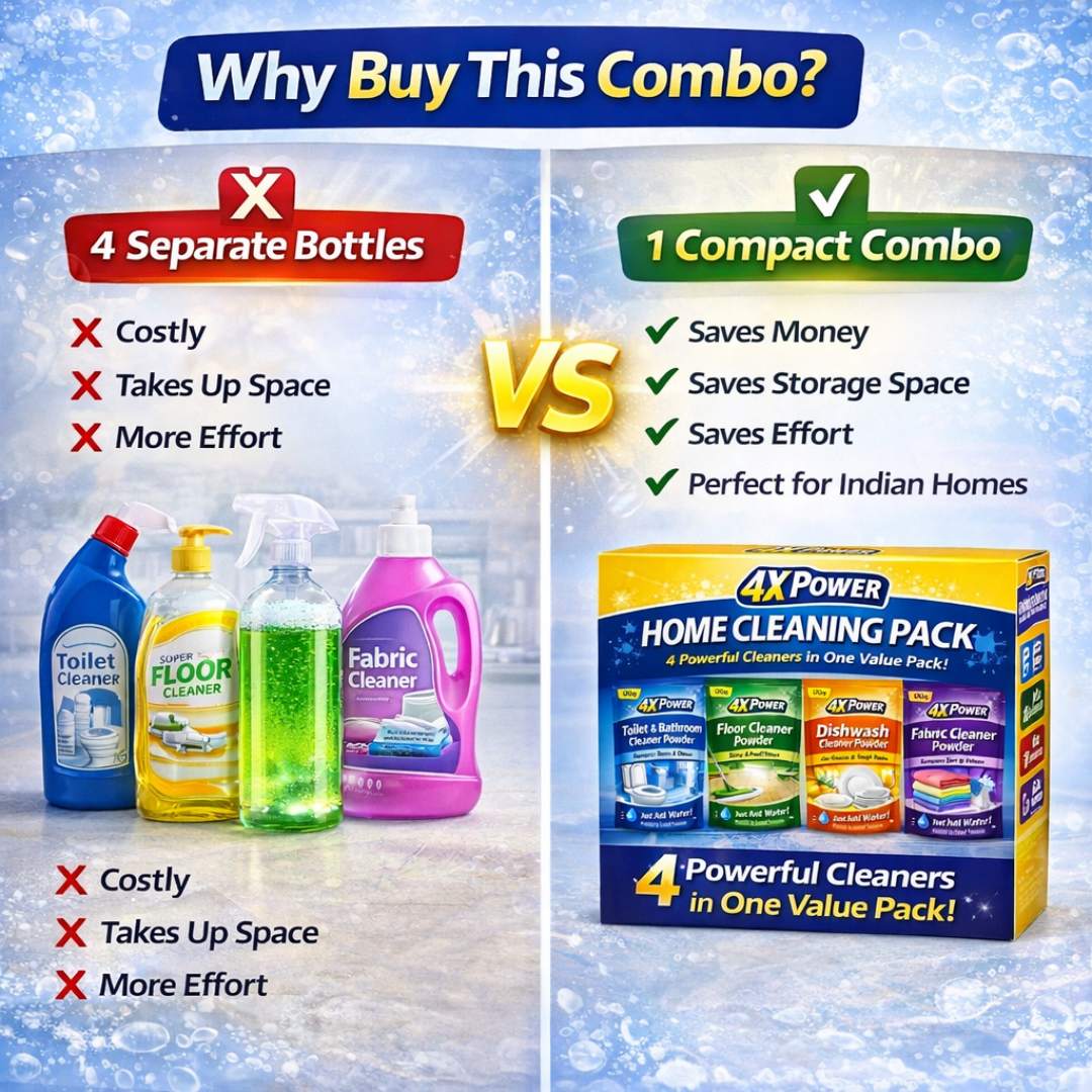 4X Power Home Cleaning Pack - Toilet & bathroom, Floor, Dishwash, Fabric cleaner Powder